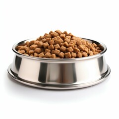 Dry Dog Food in Stainless Steel Bowl Isolated on White Background. Generative ai