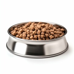 Dry Dog Food in Stainless Steel Bowl Isolated on White Background. Generative ai