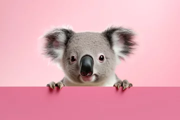 Fotobehang Funny koala isolated on light pink background. Concept of funny animals from zoo or safari. Banner with koala and copy space. © esvetleishaya