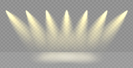 Spotlight line on award stage png. Spot lamps ray effect on transparent vector background. Golden podium beams flare - obrazy, fototapety, plakaty