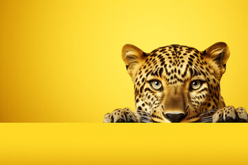 Leopard portrait isolated on yellow background. Banner with a leopard and copy space. the leopard looks out from behind the yellow wall.