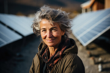 Woman standing in front of solar panels
