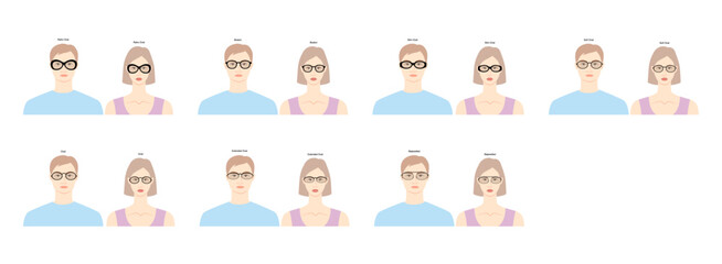 Fototapeta premium Set of Oval frame glasses on women and men flat character fashion accessory illustration. Sunglass front view unisex silhouette style, rim spectacles eyeglasses with lens sketch style outline isolated