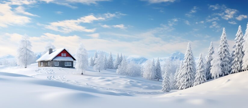Winter chalet in square frame.