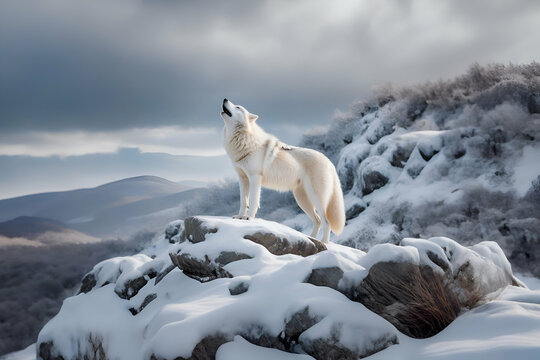 An all-white alpha wolf howling on a rock on a hill in winter. - Generative AI