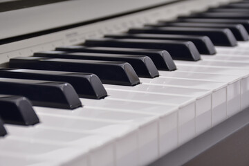 Piano keyboard side view perspective. Musical instrument. Black and white piano keys