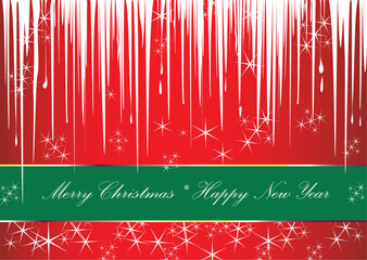 Vector postcard Merry Christmas and New Year. Illustration Christmas greeting card, with snowflakes and snowflakes, green ribbon frame with text in round ornament, space.