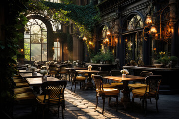 Closeup of restaurant in old rustical style with wooden yellow chairs