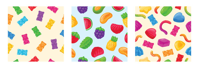 Gummy seamless patterns. Sweet jelly, chewy worms, gummy bear and fruit shaped marmalade flat vector endless design backgrounds. Jelly sweets backdrop set
