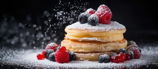 Powdered sugar on Japanese pancakes with berries. - obrazy, fototapety, plakaty