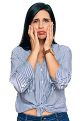 Young caucasian woman wearing casual clothes tired hands covering face, depression and sadness, upset and irritated for problem