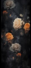 Floral vintage composition. Beautiful blooming roses, garden flowers, decorative herbs on black background. Template for decoration packaging, interior design, fabric, amber yellow, paper, wallpaper.