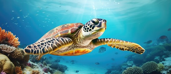 Obraz na płótnie Canvas Tropical ocean features hawksbill sea turtle swimming.
