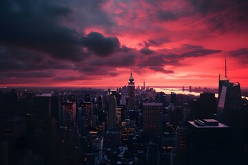 Obraz premium Amazing panorama view of New York city skyline and skyscraper at sunset. Beautiful night view in Midtown Manhatton. wallpaper, banner, foggy