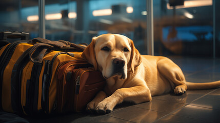 Devoted dog guarding the luggage at the airport with a sad look in his eyes, missing his master, waiting, worried to be abandoned. Lonely pet laying on the floor near the bags. Traveling with pets.