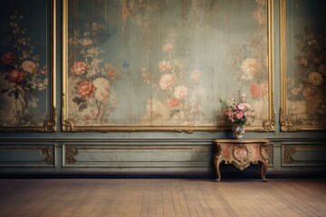 Interior room with baroque floral wallpaper.