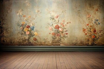 Naklejka na ściany i meble Empty, vintage interior with luxury floral wallpaper.