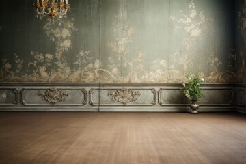 Empty, vintage interior with luxury floral wallpaper.