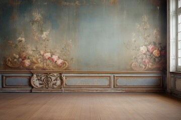 Empty, vintage interior with luxury floral wallpaper.