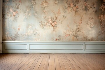 Empty, vintage interior with luxury floral wallpaper. - obrazy, fototapety, plakaty