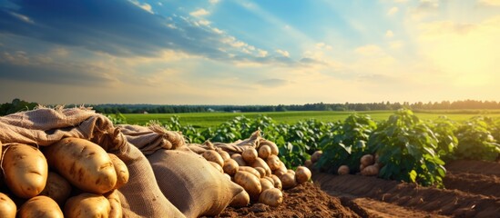 Potato farming in a field with sacks of fresh organic potatoes. - obrazy, fototapety, plakaty