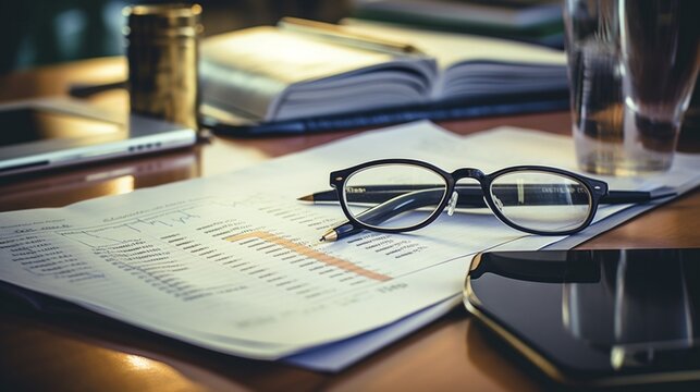 A close-up of a stock market investment guidebook on an office table, with a stylish pen and glasses.