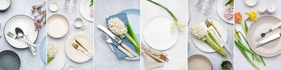 Collage of beautiful table setting with fresh spring flowers on grunge background