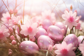 Beautiful pastel pink eggs and flowers in spring grass meadow over blue sky with sun.