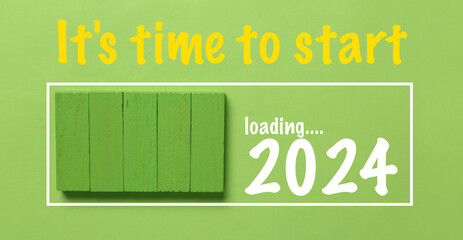 Banner with blocks and text IT'S TIME TO START, LOADING 2024 on green background
