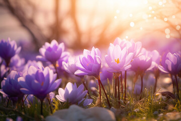Beautiful purple crocus flowers blossoming in a garden on sunny spring day. Beauty in nature.