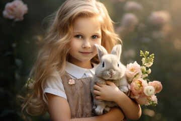 Cute little girl holding a bunny rabbit in flowering meadow. Celebrating Easter outdoors.