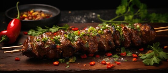 Grilled spicy kebab with green pepper.