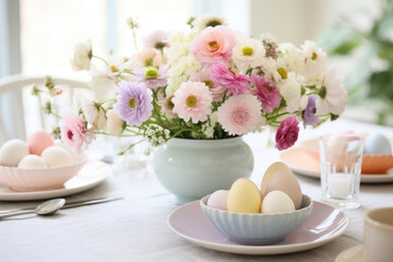 Fototapeta na wymiar Beautifully decorated Easter dinner table with colorful flowers, pastel crockery and dyed eggs. Indoor Easter celebration party for small number of guests.