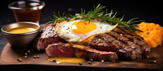 Raw steak with egg yolk, fries, and sauce. - obrazy, fototapety, plakaty