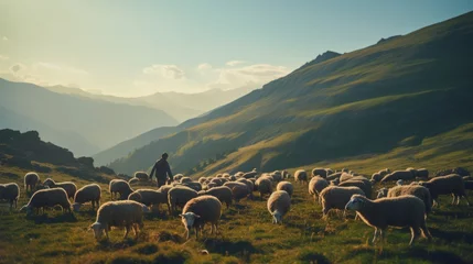 Fototapeten A Serene Shepherd Tending to Grazing Sheep. Majestic Mountain Pastures © David