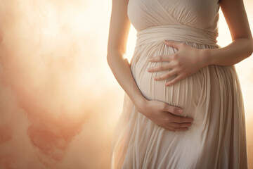 Pregnant woman wearing beautiful dress holding her hands on belly on a light background. Pregnancy, maternity, preparation and expectation concept.