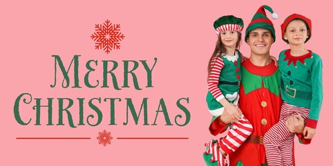 Father and cute little children in elf's costumes on pink background. Merry Christmas