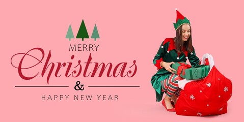 Beautiful young woman in elf's costume and with Santa bag full of gifts on pink background. Merry Christmas and Happy New Year