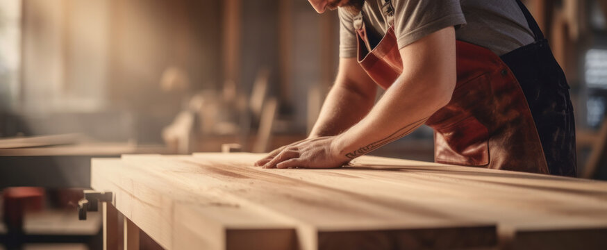 man owner a small furniture business is preparing wood for production. carpenter male is adjust wood to the desired size. architect, designer, Built-in, professional wood, craftsman, workshop.
