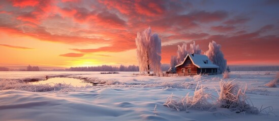 Gorgeous countryside winter sunset. - obrazy, fototapety, plakaty
