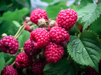 Raspberries and lilac on the bush, on a branch over trees, Fresh raspberries for sale in a garden. 