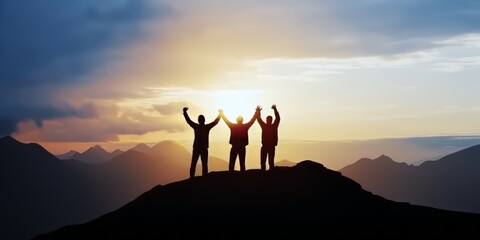 Celebrate victory and success over sunset background, Together overcoming obstacles as a group of three people raising hands up on the top of a mountain. - obrazy, fototapety, plakaty