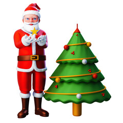 3D character of santa claus showing star decoration from christmas tree, Merry Christmas and Happy New Year, 3d illustration and rendering