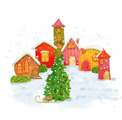 Obraz na płótnie Canvas Winter houses, Christmas tree isolated on white background. Clipart. Watercolor hand drawn art illustration. For cards, handmade textiles, prints, menus, poster