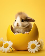 little cute Rabbit in a yellow egg with white daisies on a yellow background