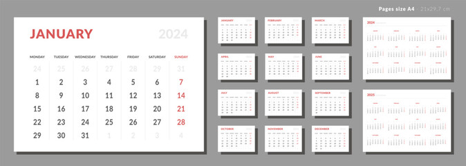 Set of Monthly page Calendar Planner Template on 2024. Vector layout horizontal of a wall or desk calendar with week start Monday. Pages for size A4 or 21x29.7 cm. Isolated Calendar grid for print. - obrazy, fototapety, plakaty