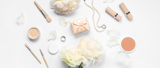 Fototapeta na wymiar Composition with gift, female accessories, makeup cosmetics and peony flowers on white background