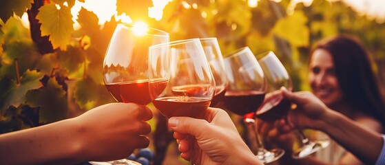 Blurred image of friends toasting wine in a vineyard in the daytime outdoors. Happy friends having...