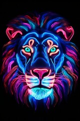 The Neon King of the Jungle. A Majestic Lion's Face Illuminated with Vibrant Lights