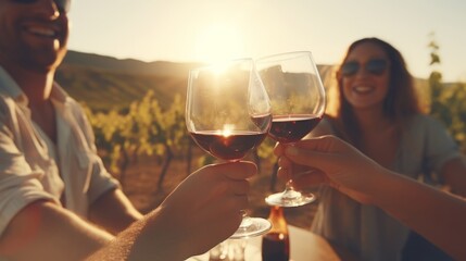 Blurred image of friends toasting wine in a vineyard in the daytime outdoors. Happy friends having fun outdoors in vineyard
